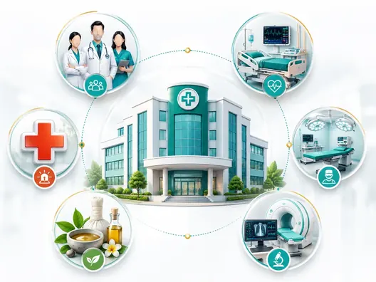 Illustration showing Shripad Hospital services including doctors, ICU, operation theatre, diagnostics, emergency care and Panchakarma